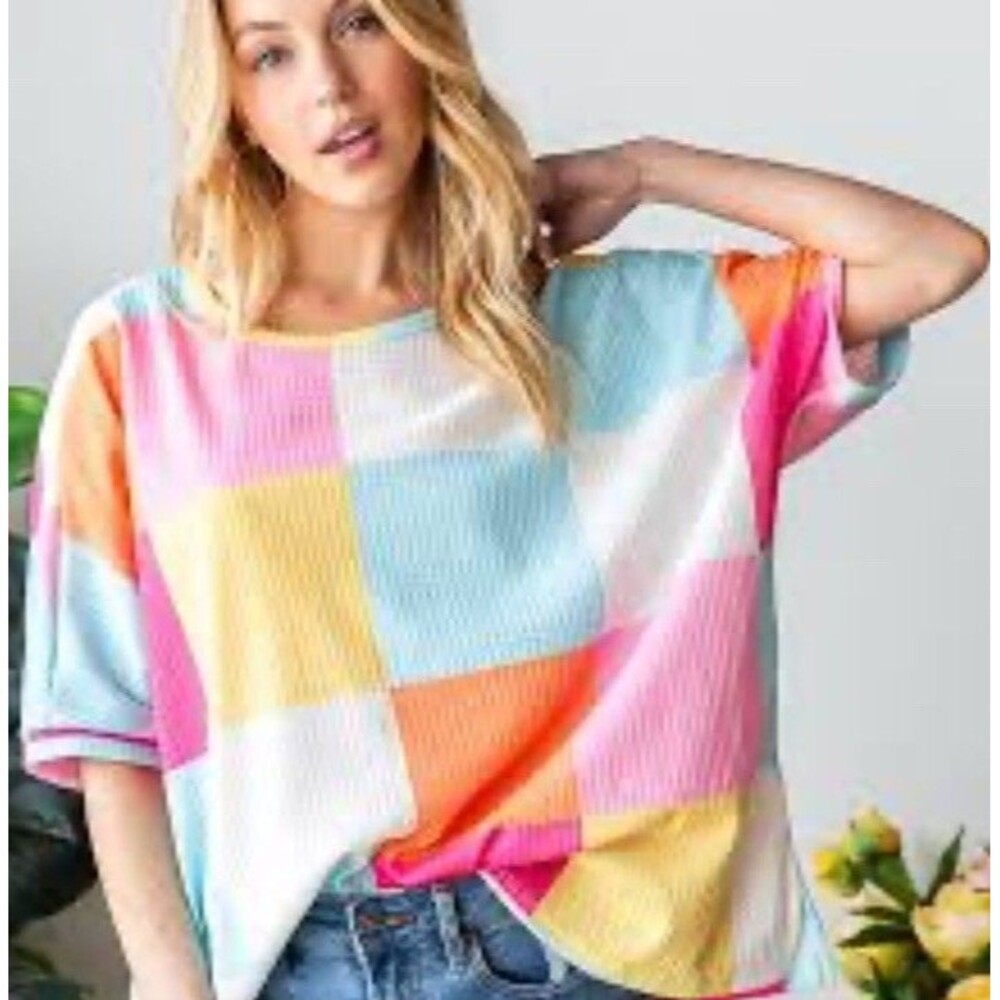 colorblock XXXXL waffle knit top in a pastel checkered pattern Rainbow Fair ￼